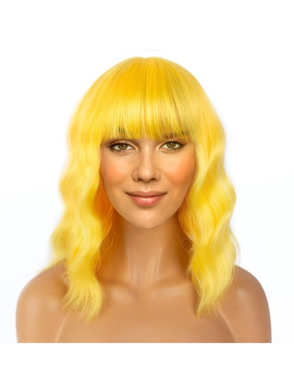 Women's Yellow 12 Inch Loose Wavy Synthetic Shoulder Length Bob Wig Bangs
